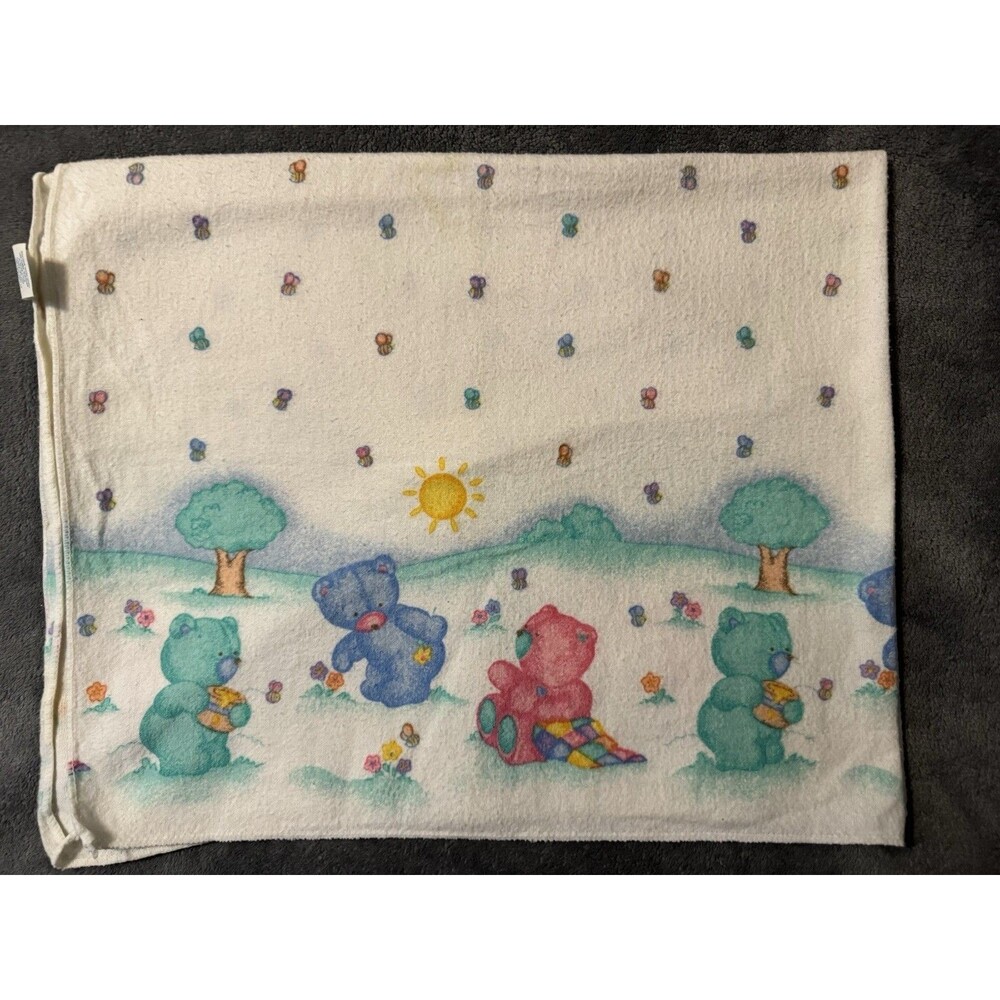 VTG Carters Pink Blue Teddy Bears White bees flowers Baby Blanket Pastel 30 X 40